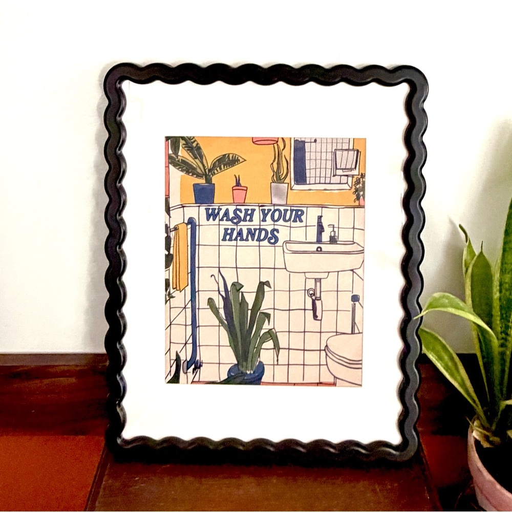 Retro Bathroom with Plants Wash Your Hands Canvas Art Print Wavy Framed Wall Art